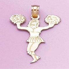 14k Yellow Gold Sports Charm Pendant, Cheerleader With Pom-poms