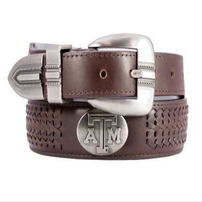 ZEP-PRO NCAA Texas A&M Aggies Men's Braided Leather Belt  Full Grain Brown Strap With Emblem Conchos  1.25" Wide Collegiate Accessory With Silver Tip, Size 46