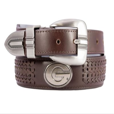 ZEP-PRO NCAA Georgia Bulldogs Men's Braided Leather Belt Full Grain Brown Strap With Emblem Conchos 1.25" Wide Collegiate Accessory With Silver Tip, Size 46
