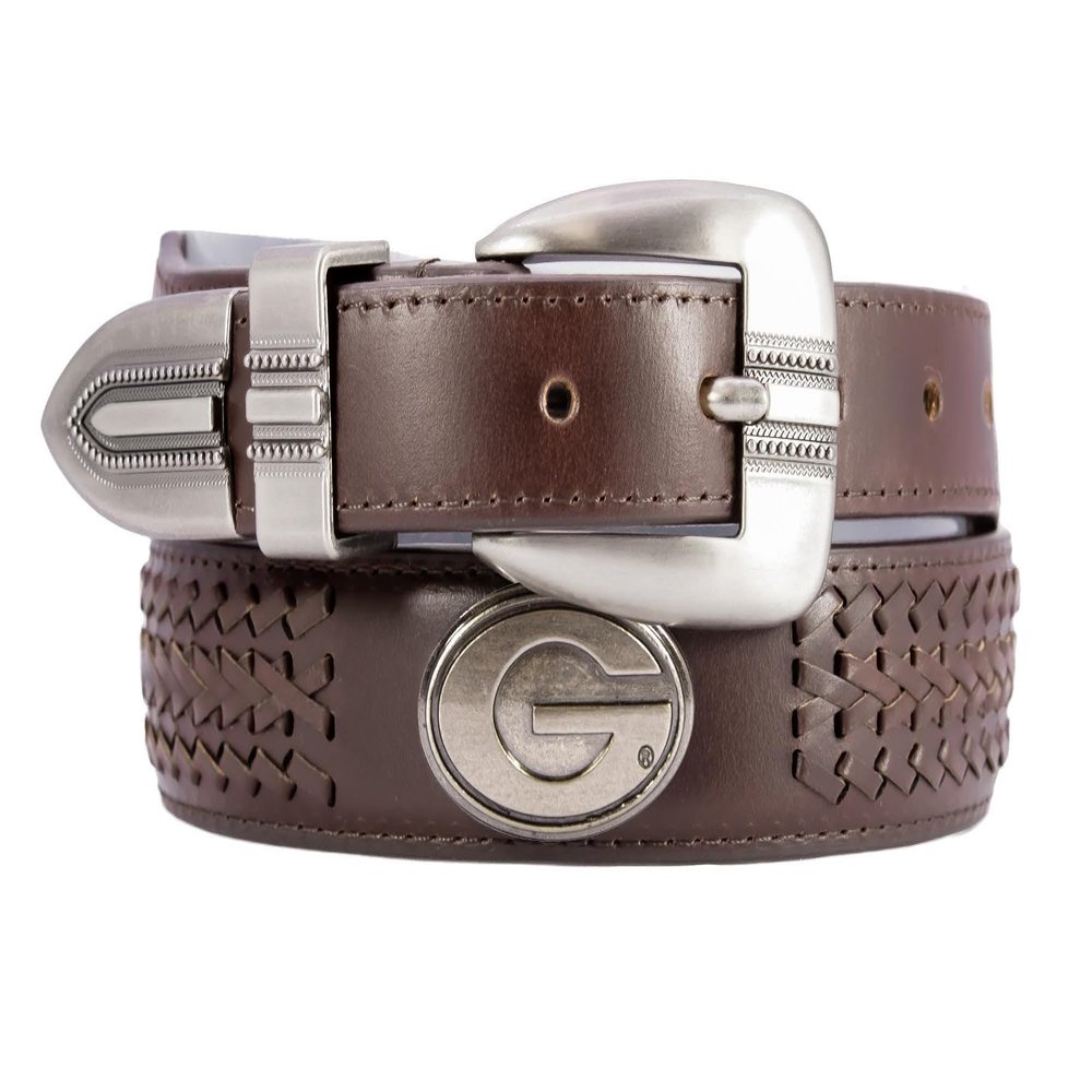 ZEP-PRO NCAA Georgia Bulldogs Men's Braided Leather Belt  Full Grain Brown Strap With Emblem Conchos  1.25" Wide Collegiate Accessory With Silver Tip, Size 46