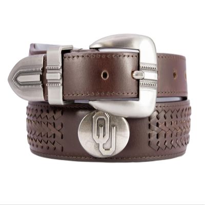 ZEP-PRO NCAA Oklahoma Sooners Men's Braided Leather Belt  Full Grain Brown Strap With Emblem Conchos  1.25" Wide Collegiate Accessory With Silver Tip, Size 32