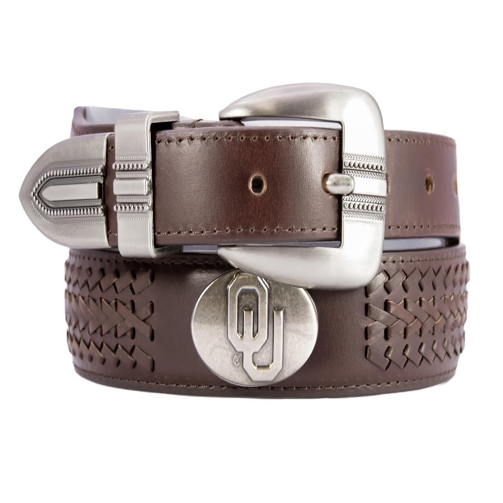 ZEP-PRO NCAA Oklahoma Sooners Men's Braided Leather Belt Full Grain Brown Strap With Emblem Conchos 1.25" Wide Collegiate Accessory With Silver Tip, Size 32