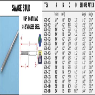316 Stainless Steel Swage Stude (Right Hand) 3/8" x 1/4" (S0731-1007)