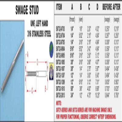 316 Stainless Steel Swage Stude (Left Hand) 1/4" x 3/16" (S0732-0705)