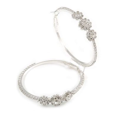 Rhodium Plated Clear Crystal 'Flower' Hoop Earrings - 5cm Diameter