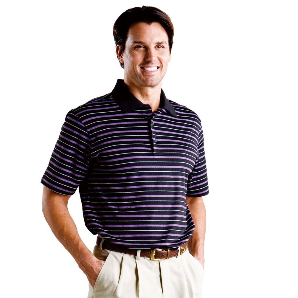 Monterey Club Men's Fillmore Stripe Texture Polo Shirt #1623 (Black/Grape Soda, Large)