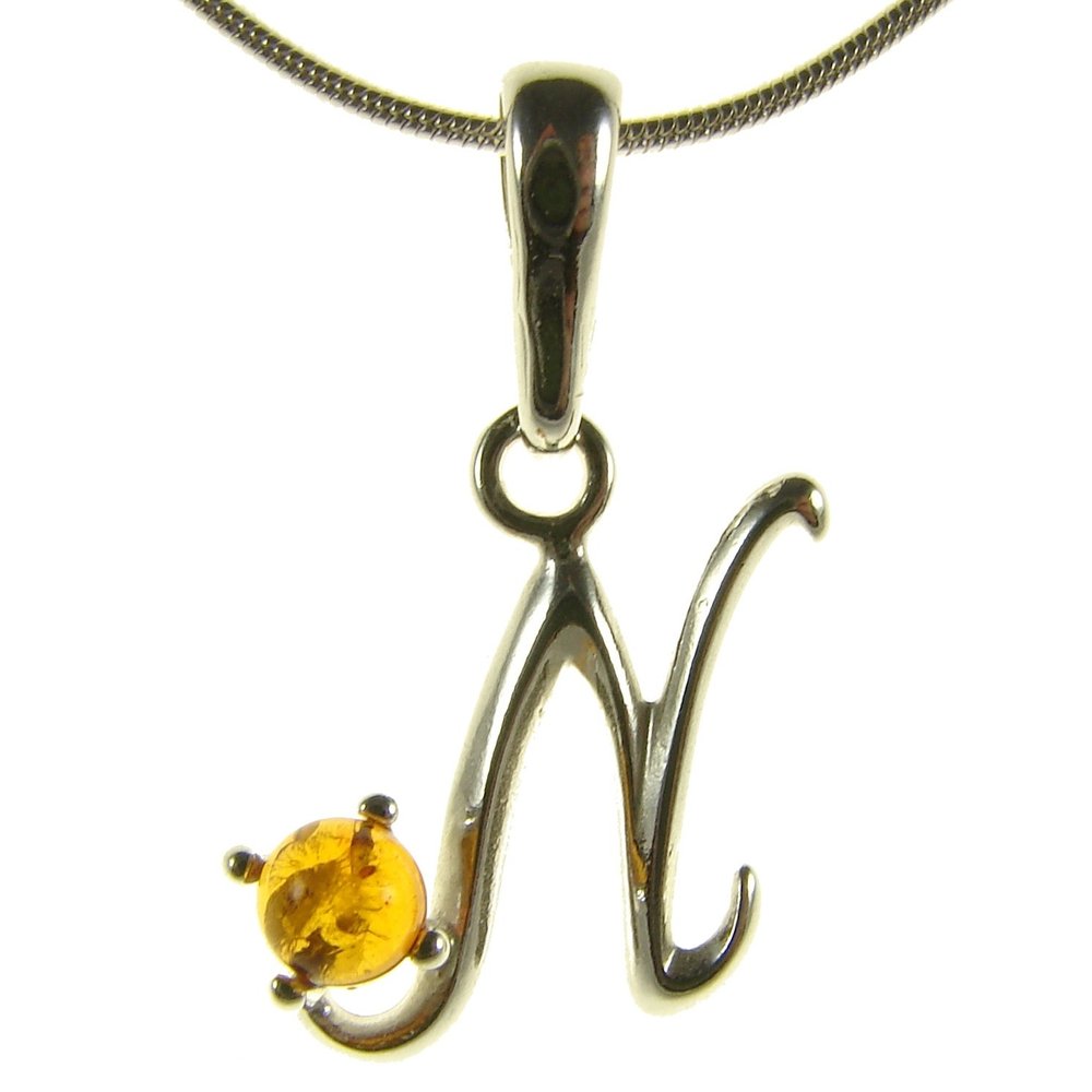 BALTIC AMBER AND STERLING SILVER 925 DESIGNER ALPHABET LETTER N PENDANT JEWELLERY JEWELRY (NO CHAIN)
