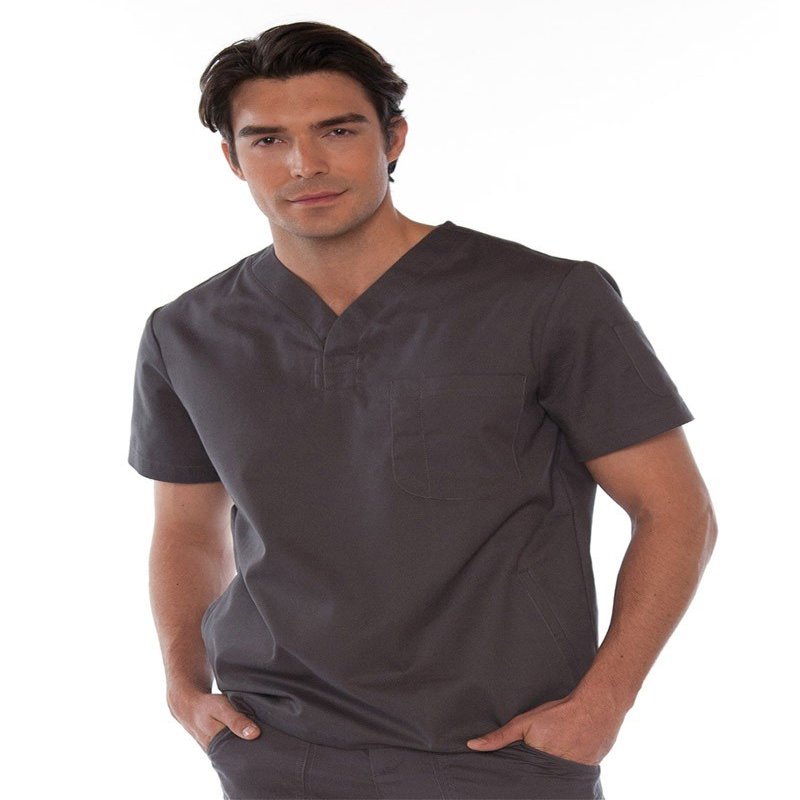Koi Men's Jason Henley-Neck Scrub Top with 4 Pockets and Pen Slot, Steel, Medium