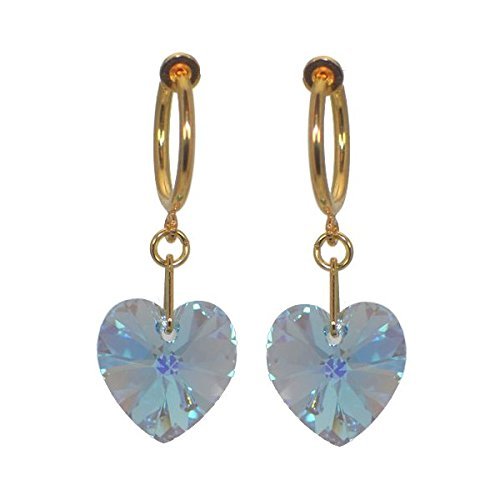 CERCEAU VALENTINE Gold Plated Aquamarine AB Heart Crystal Clip On Earrings