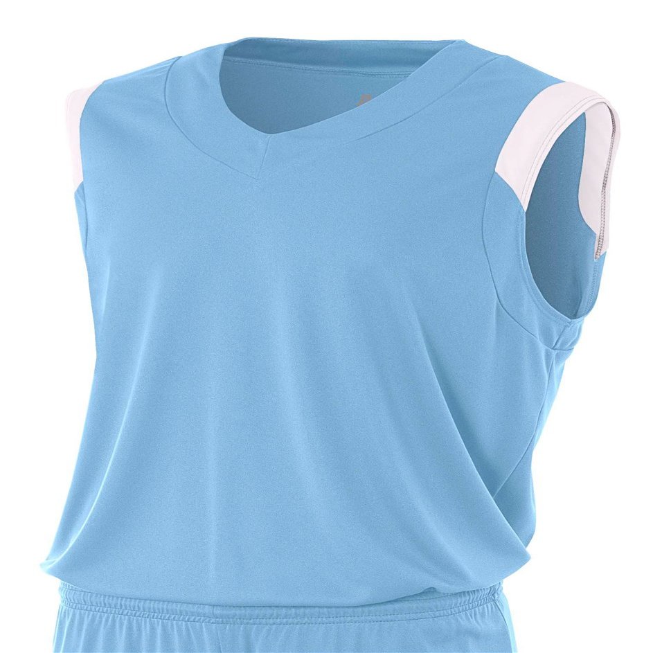 A4 Mens Moisture Management v-Neck Muscle Shirt, Large, Lt Blue/White
