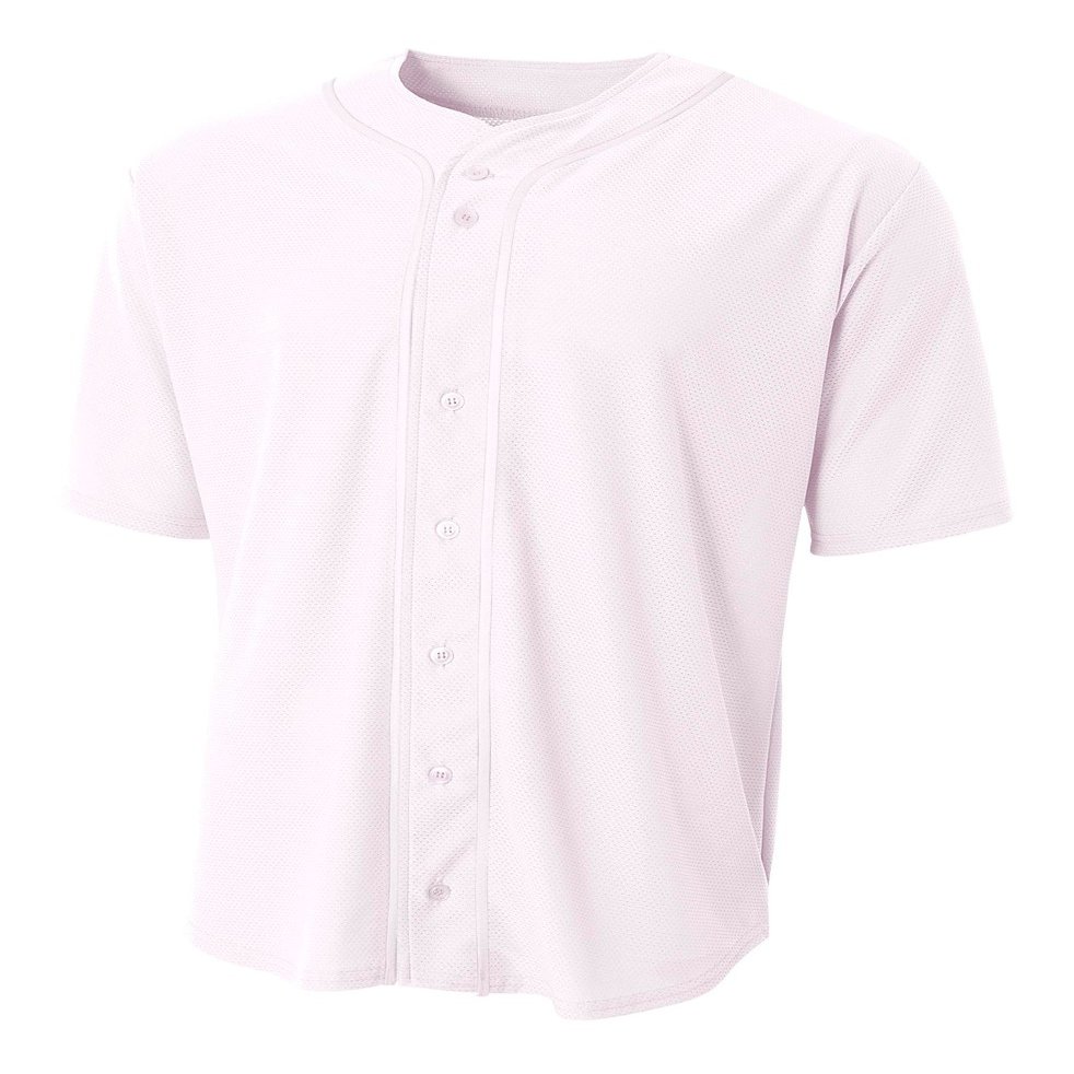 A4 Mens Short Sleeve Full Button Baseball Jersey, XL, White