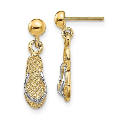14k Two-tone Gold Beach Single Flip Flop Sandal Post Dangle Drop Earrings with White Straps