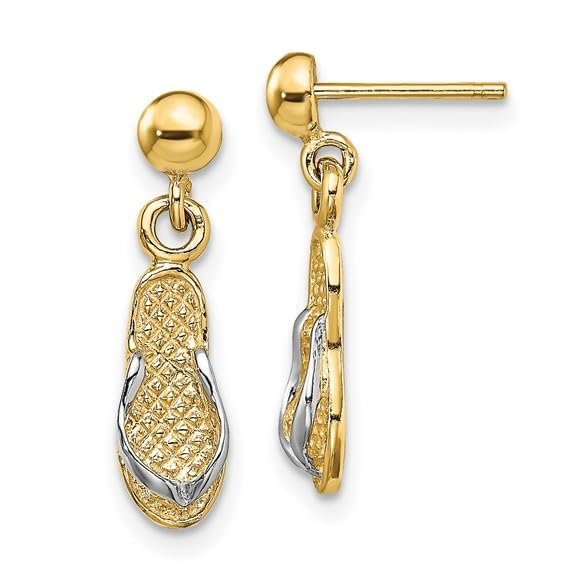 14k Two-tone Gold Beach Single Flip Flop Sandal Post Dangle Drop Earrings with White Straps