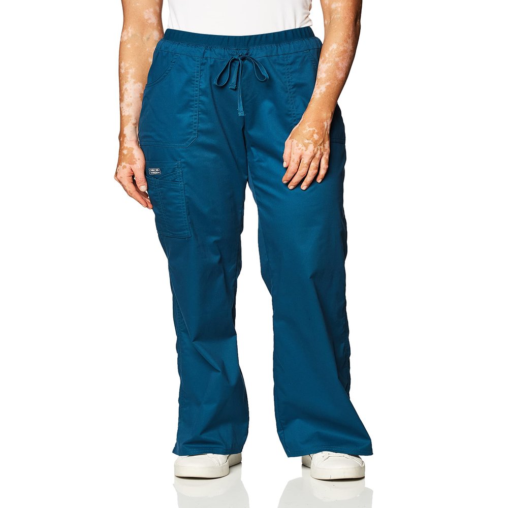 Cherokee Women's Workwear Scrubs Core Stretch Jr. Fit Low-Rise Cargo Pant, Caribbean Blue, Small