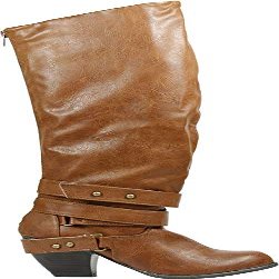 Qupid Priority-32 Strappy Knee High Boot, Cognac Distress PU, 6.5