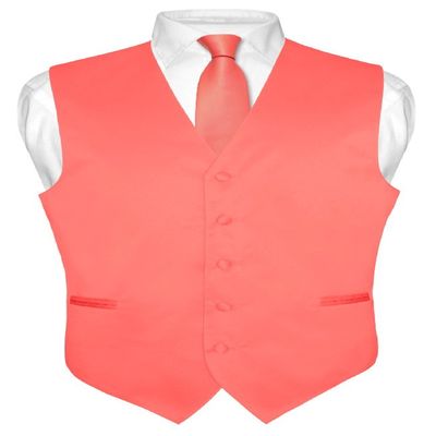 Vesuvio Napoli Men's Dress Vest & NeckTie Solid CORAL PINK Color Neck Tie Set sz S