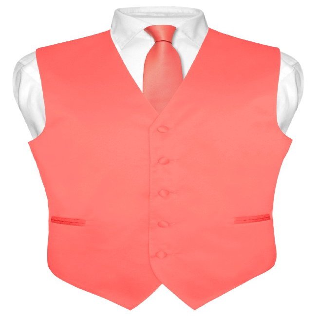 Vesuvio Napoli Men's Dress Vest & NeckTie Solid CORAL PINK Color Neck Tie Set sz S