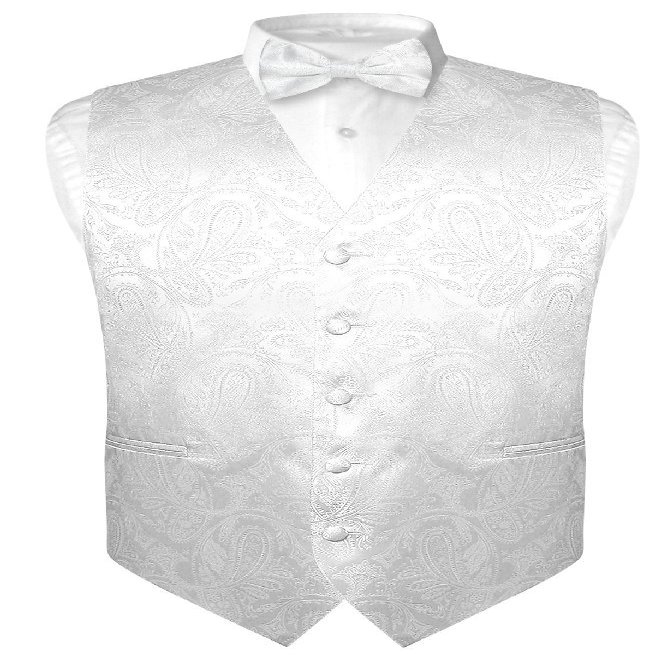Vesuvio Napoli Men's Paisley Design Dress Vest & Bow Tie WHITE Color BOWTie Set sz Large