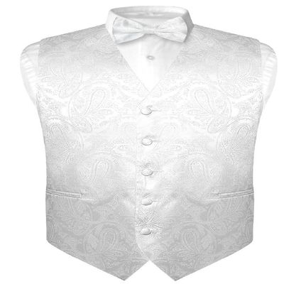 Vesuvio Napoli Men's Paisley Design Dress Vest & Bow Tie WHITE Color BOWTie Set sz XLarge