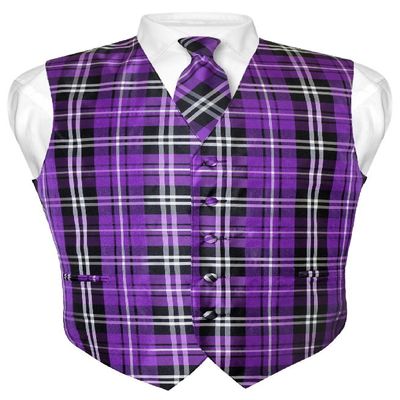 Vesuvio Napoli Men's Plaid Design Dress Vest & NeckTie Purple Black White Neck Tie Set XL