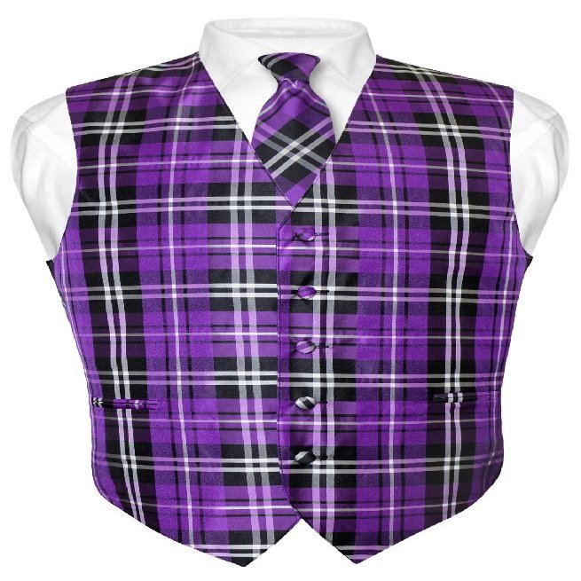 Vesuvio Napoli Men's Plaid Design Dress Vest & NeckTie Purple Black White Neck Tie Set XL