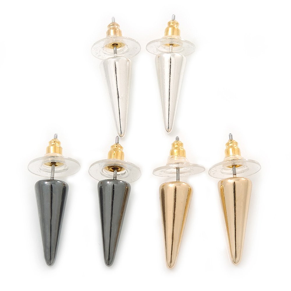 Avalaya 3 Pairs Gold, Silver & Hematite Colour Spike Stud Earring Set - 18mm Width