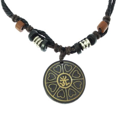 benerini Surfer Cord Necklace with AUM OHM OM Carved Bone Pendant - Fully Adjustable - Black & Brown Cord