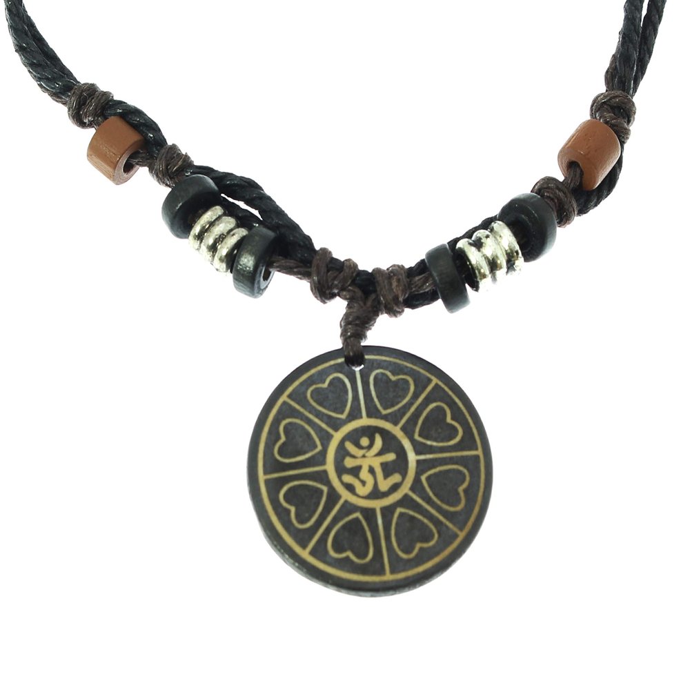 benerini Surfer Cord Necklace with AUM OHM OM Carved Bone Pendant - Fully Adjustable - Black & Brown Cord