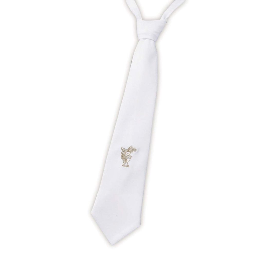 Boys First Holy Communion Gold Embroidered Chalice Design 14" White Cotton Adjustable Dress Neck Tie