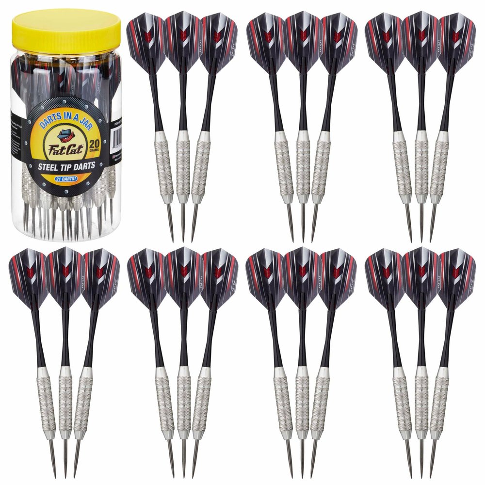 Fat Cat Steel Tip Dart Set (21-Pack), 20-Gram Darts with Plastic Storage Jar for Travel and Organization