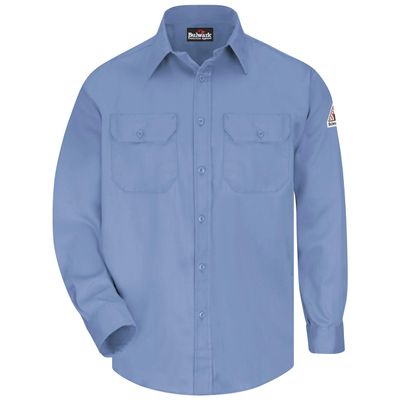 Bulwark Flame Resistant 6 oz Cotton/Nylon Excel FR ComforTouch Regular Uniform Shirt with Straight Back Yoke, Topstitched Cuff, Light Blue, Large