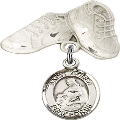 Jewels Obsession Baby Badge with St. Agnes of Rome Charm and Baby Boots Pin | Sterling Silver Baby Badge with St. Agnes of Rome Charm and Baby Boots Pin - Made In USA