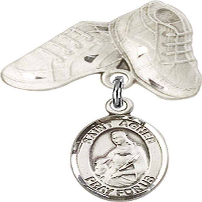 Jewels Obsession Baby Badge with St. Agnes of Rome Charm and Baby Boots Pin | Sterling Silver Baby Badge with St. Agnes of Rome Charm and Baby Boots Pin - Made In USA