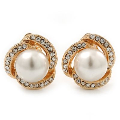 Bridal Diamante White Simulated Glass Pearl Clip On Earrings In Gold Plating - 23mm Diameter