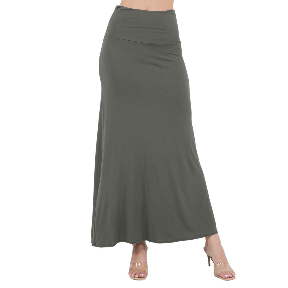 Azules Maxi Skirt for Women, Soft Stretchy Rayon Fold Over High Waist Flowy Trendy Dressy Boho Long Skirts for Women, Perfect for Any Day and Occasions (Petite & Plus Size) - Charcoal, Medium