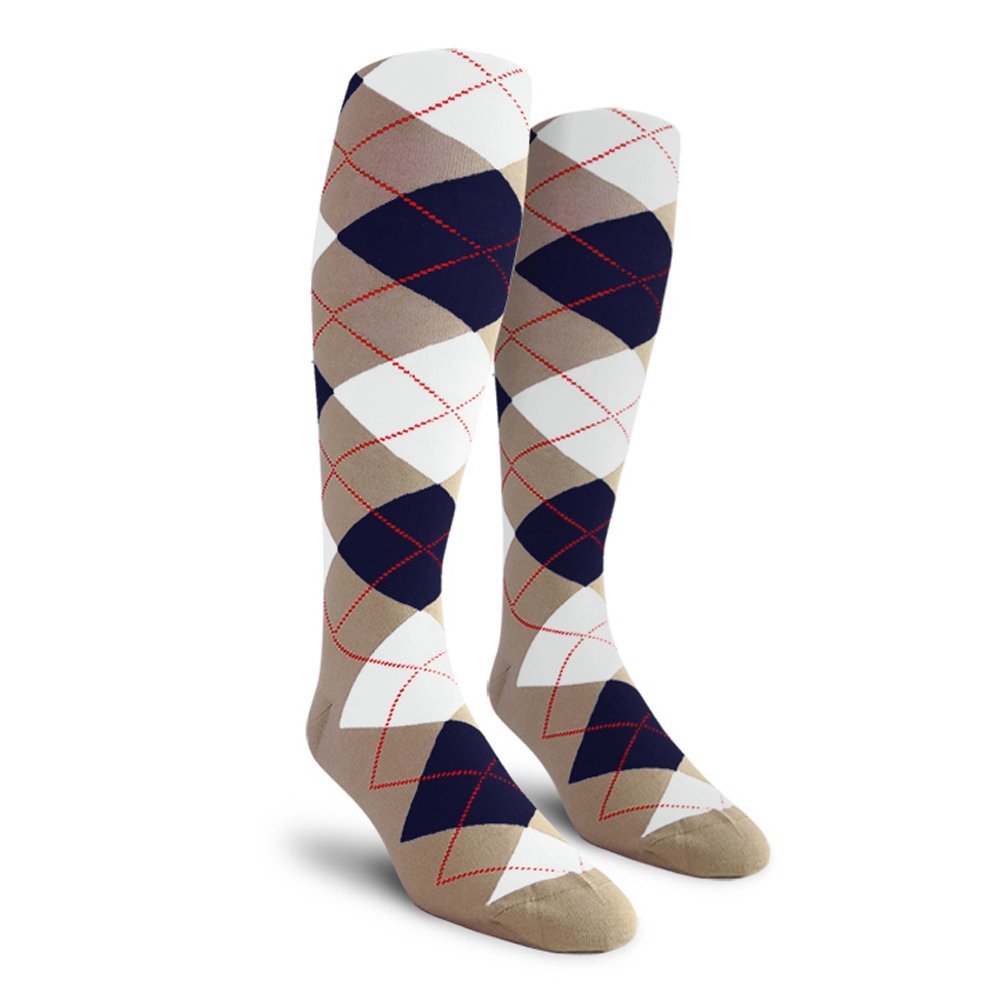 Golf Knickers Colorful Knee High Argyle Cotton Socks For Men Women and Youth - H: Taupe/Navy/White - Ladies