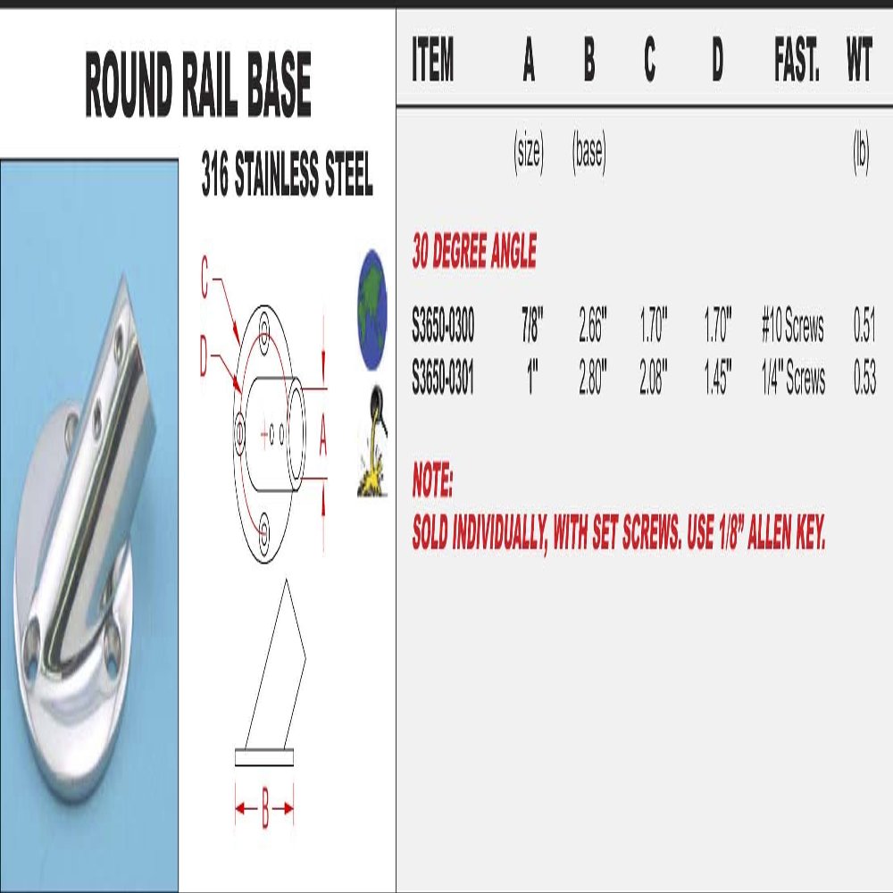 316 Stainless Round Rail Base 1" 30 Degree Angle (S3650-0301)