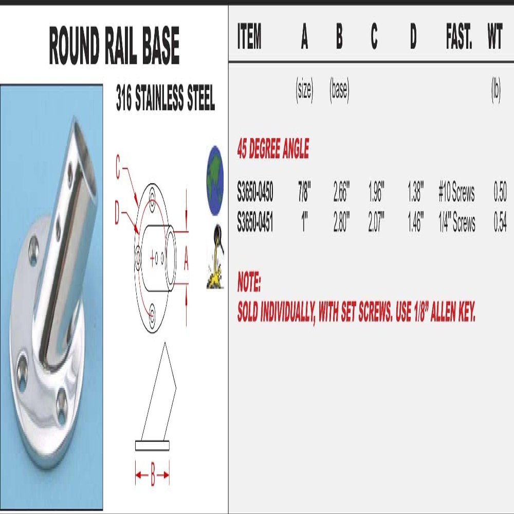 316 Stainless Round Rail Base 7/8" 45 Degree Angle (S3650-0450)
