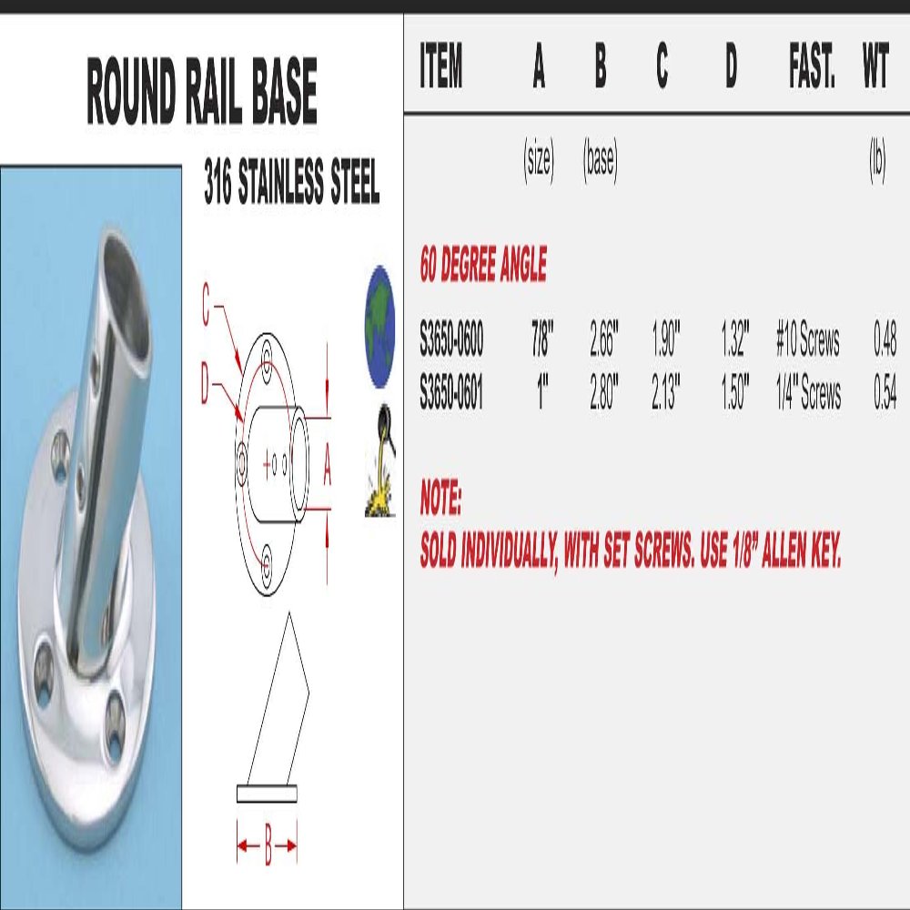 316 Stainless Round Rail Base 7/8" 60 Degree Angle (S3650-0600)