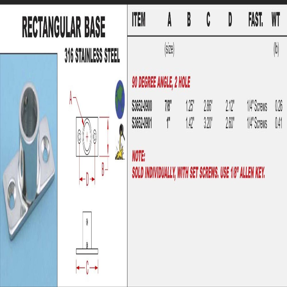 316 Stainless Rectangular Base 1" 90 Degree Angle, 2 Hole (S3652-0901)