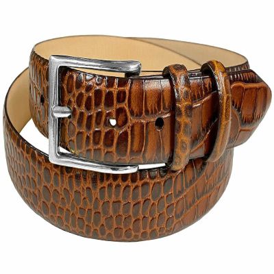 Adam Silver Men's Genuine Italian Calfskin Leather Dress Belt 1-1/8"(30mm) Wide Polished Buckle (Alligator Tan, 48)