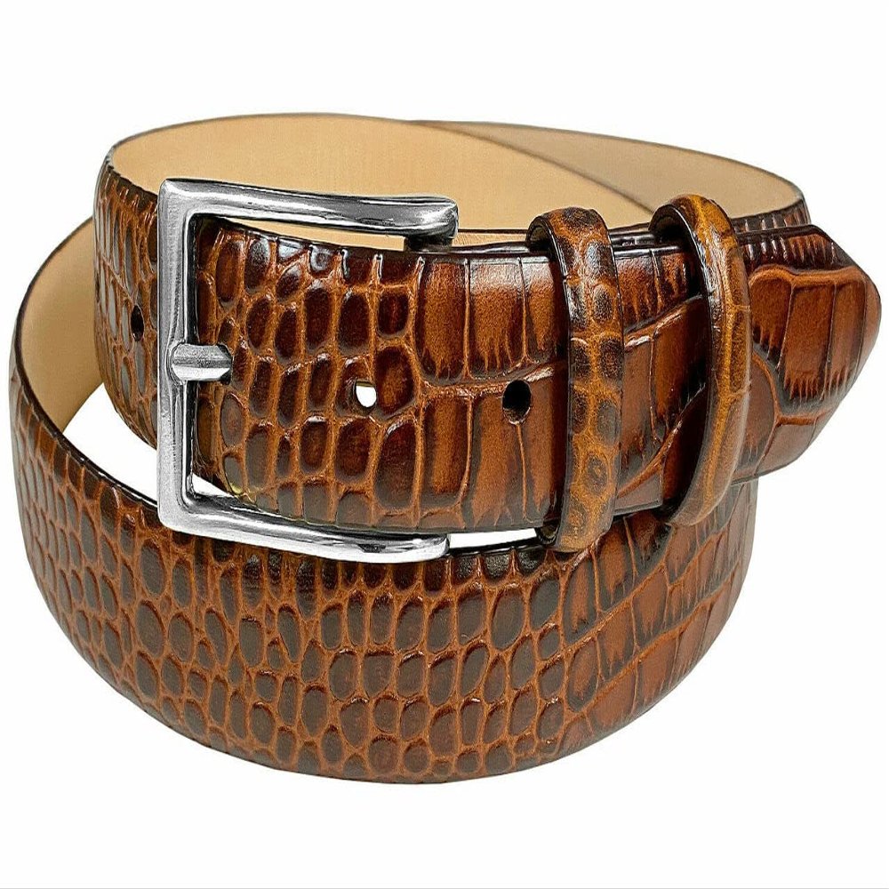 Adam Silver Men's Genuine Italian Calfskin Leather Dress Belt 1-1/8"(30mm) Wide Polished Buckle (Alligator Tan, 48)