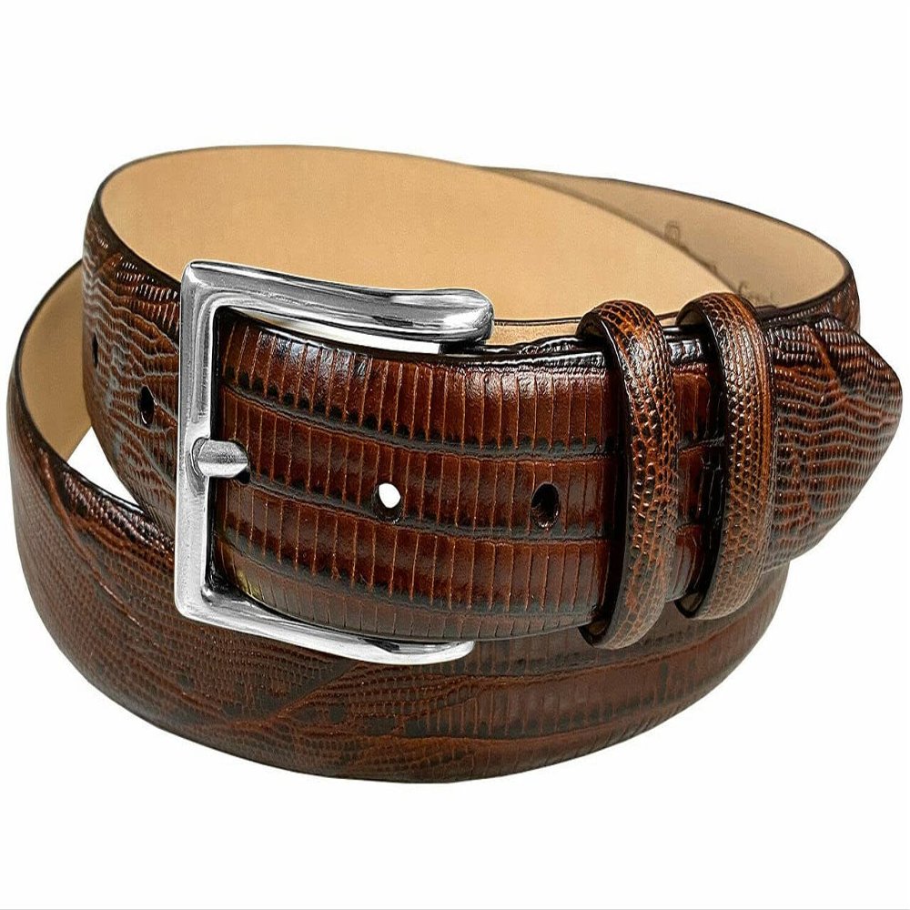 Adam Silver Men's Genuine Italian Calfskin Leather Dress Belt 1-1/8"(30mm) Wide Polished Buckle (Lizard Brown, 40)