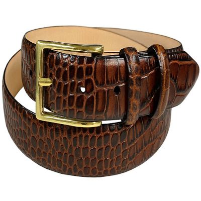 Adam Gold Men's Genuine Italian Calfskin Leather Dress Belt 1-1/8"(30mm) Wide Polished Buckle (Alligator Brown, 44)