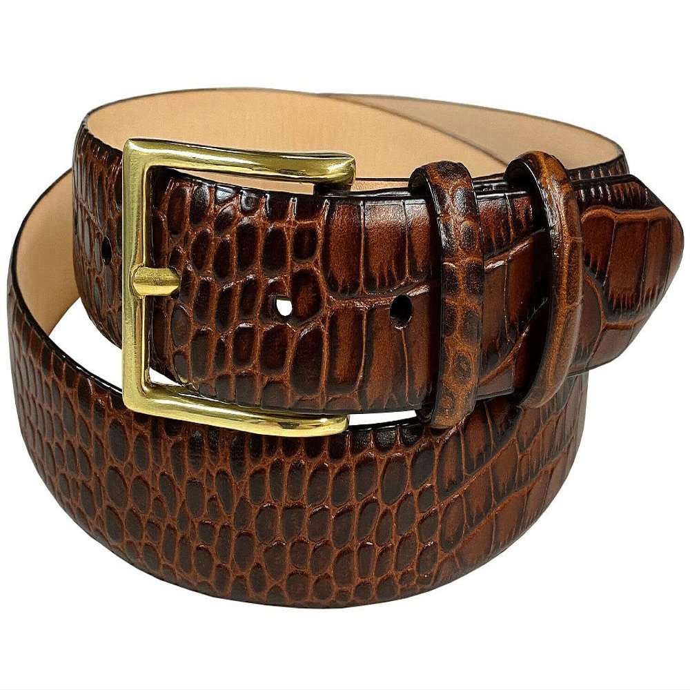 Adam Gold Men's Genuine Italian Calfskin Leather Dress Belt 1-1/8"(30mm) Wide Polished Buckle (Alligator Brown, 44)