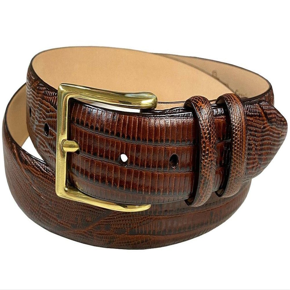 Adam Gold Men's Genuine Italian Calfskin Leather Dress Belt 1-1/8"(30mm) Wide Polished Buckle (Lizard Brown, 48)