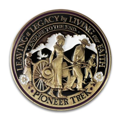 Armor Coin & Emblem - Solid Antique Bronze Pioneer Handcart Trek - Round Lapel Pin/Tie Tack