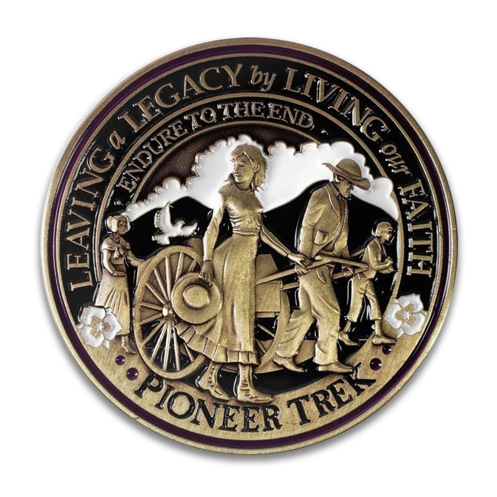 Armor Coin & Emblem - Solid Antique Bronze Pioneer Handcart Trek - Round Lapel Pin/Tie Tack