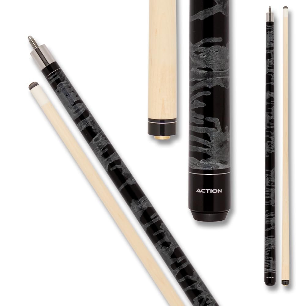 Action VAL01 Value Series Pool Cue - 58" Cue - Hard Maple Shaft with 13mm Boar Skin Tip - Black and Gray Swirl, 19oz