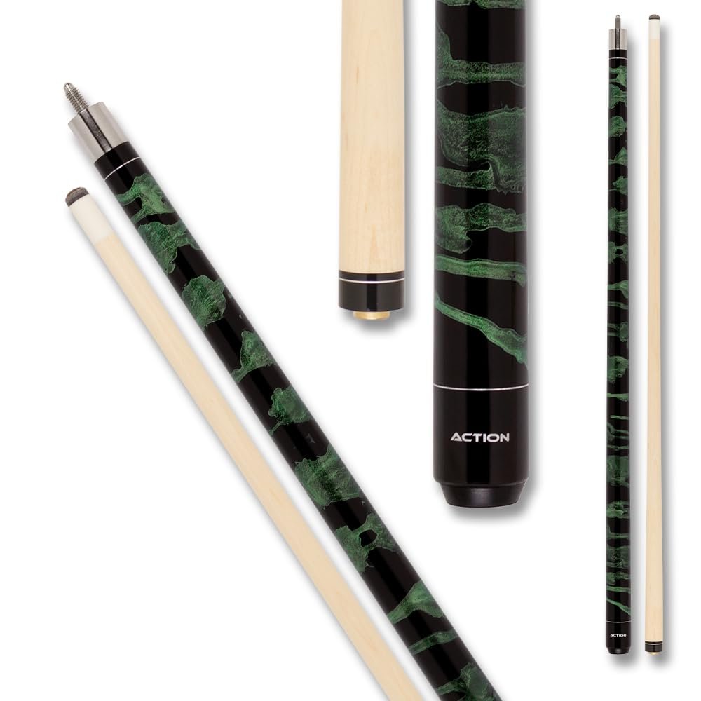 Action VAL02 Value Series Pool Cue - 58" Cue - Hard Maple Shaft with 13mm Boar Skin Tip - Green and Black Swirl, 18oz